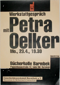 Plakat für Werkstattgespräch mit Petra Oelker, in der Bücherhalle Barmbek