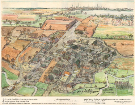 Bunte historische Karte des Dorfes Barmbek mit Straßen und Feldern, gezeichnet.